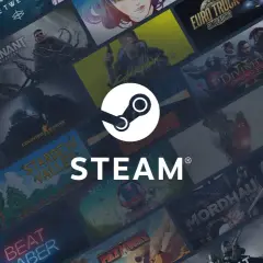 Logo Steam otoczone kolażem okładek gier komputerowych.