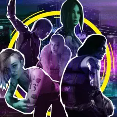 Postacie z gry Cyberpunk 2077 na tle neonowego miasta.