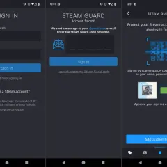 Ekran logowania Steam Guard, wprowadzanie kodu, skanowanie kodu QR i dodawanie uwierzytelniania.