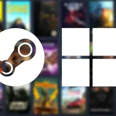 Logo Steam i cztery puste kwadraty na tle okładek gier.