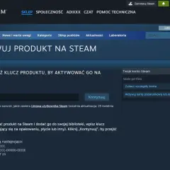 Strona aktywacji produktu na Steam z polem na klucz i przyciskiem "Kontynuuj".