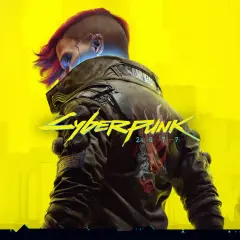 Postać z irokezem i neonowym logo Cyberpunk 2077 na tle żółtego miasta.