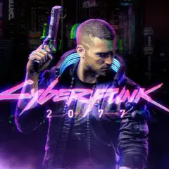 Mężczyzna z pistoletem na tle neonowego miasta, logo Cyberpunk 2077.