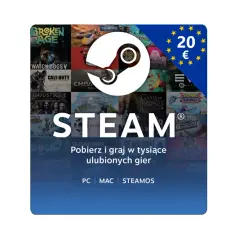 Logo Steam na tle okładki gier, z symbolem 20 euro i flagą UE.