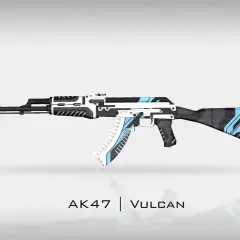 AK-47 Vulcan skin z niebieskimi i białymi wzorami na czarnym tle.