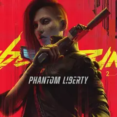 Postapokaliptyczna kobieta z bronią na tle napisu Cyberpunk 2077 Phantom Liberty.