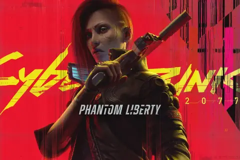 Postapokaliptyczna kobieta z bronią na tle napisu Cyberpunk 2077 Phantom Liberty.