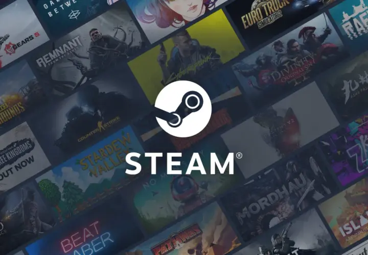 Logo Steam otoczone kolażem okładek gier komputerowych.