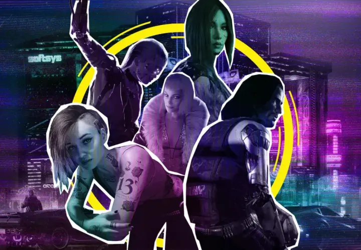 Postacie z gry Cyberpunk 2077 na tle neonowego miasta.