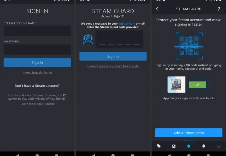 Ekran logowania Steam Guard, wprowadzanie kodu, skanowanie kodu QR i dodawanie uwierzytelniania.