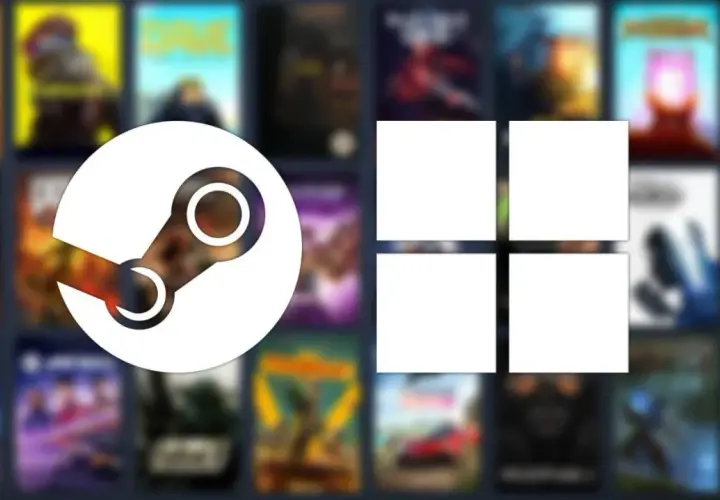Logo Steam i cztery puste kwadraty na tle okładek gier.