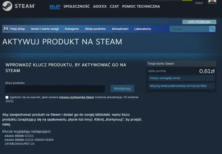 Strona aktywacji produktu na Steam z polem na klucz i przyciskiem "Kontynuuj".