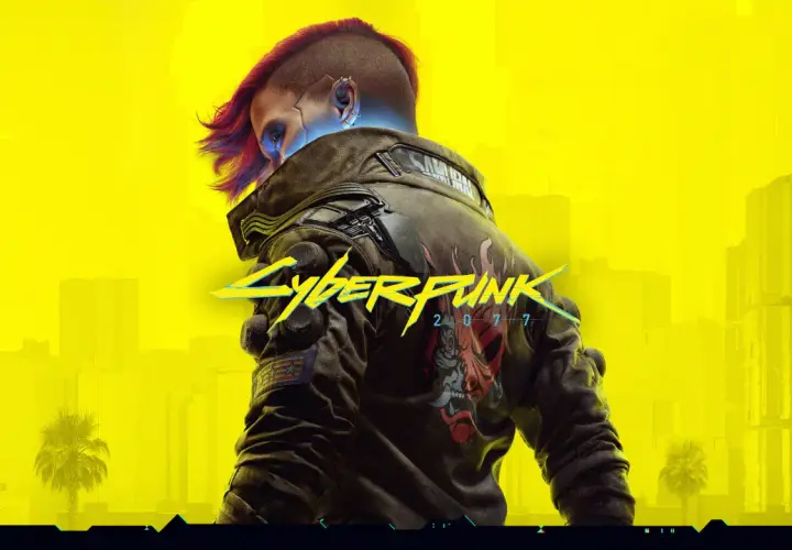 Postać z irokezem i neonowym logo Cyberpunk 2077 na tle żółtego miasta.