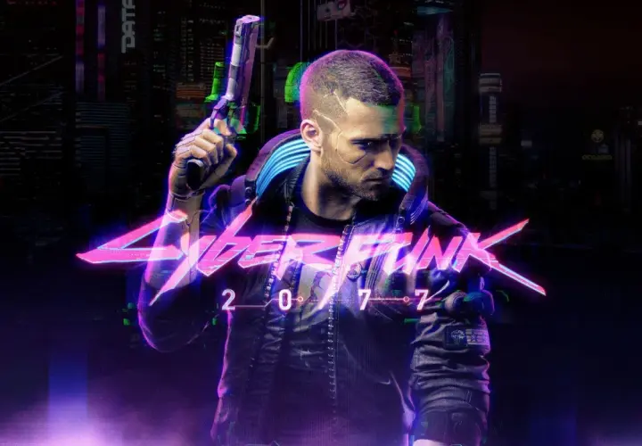 Mężczyzna z pistoletem na tle neonowego miasta, logo Cyberpunk 2077.