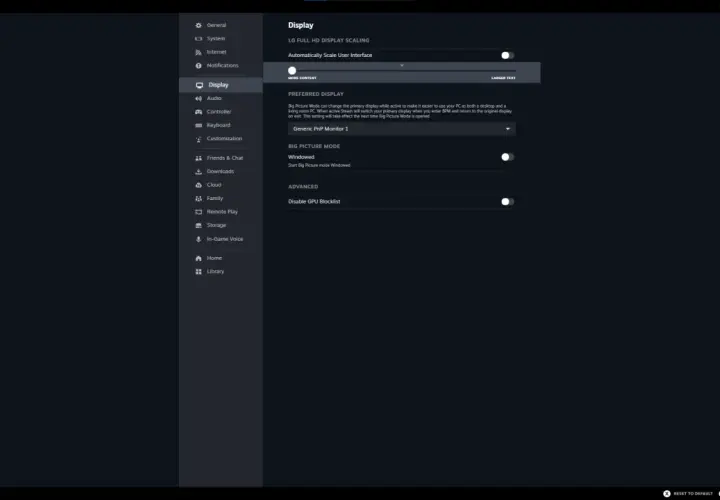 Ustawienia Steam: zakładka Wyświetlanie, opcja Big Picture Mode.