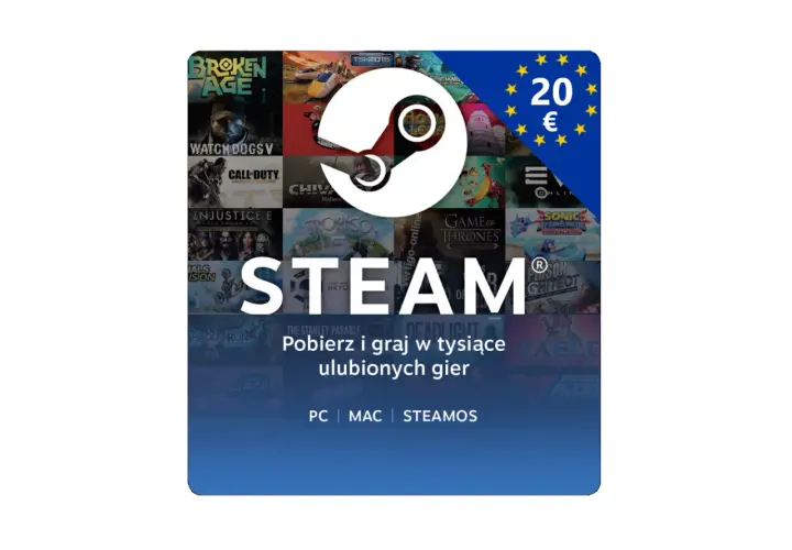 Logo Steam na tle okładki gier, z symbolem 20 euro i flagą UE.