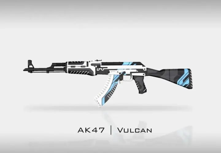 AK-47 Vulcan skin z niebieskimi i białymi wzorami na czarnym tle.