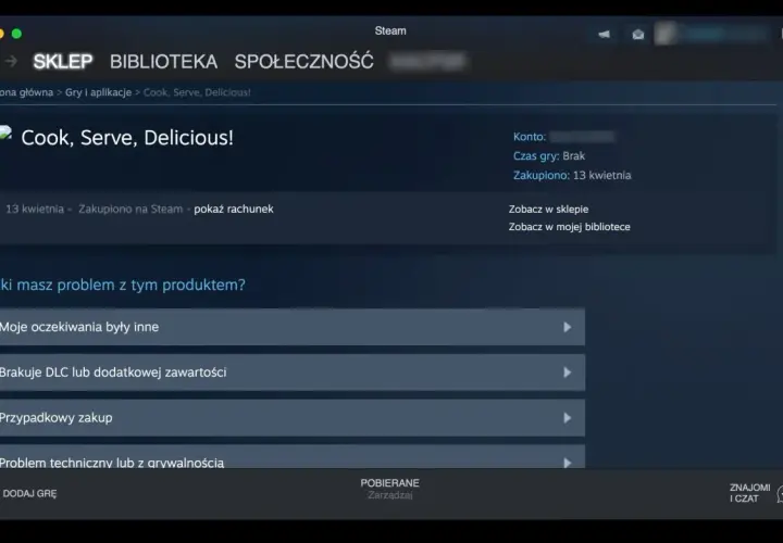 Ekran gry "Cook, Serve, Delicious!" w aplikacji Steam z opcjami zgłaszania problemów.