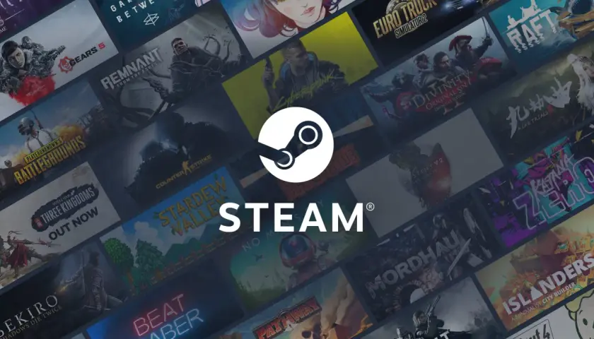 Logo Steam otoczone kolażem okładek gier komputerowych.