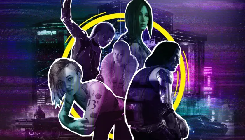 Postacie z gry Cyberpunk 2077 na tle neonowego miasta.