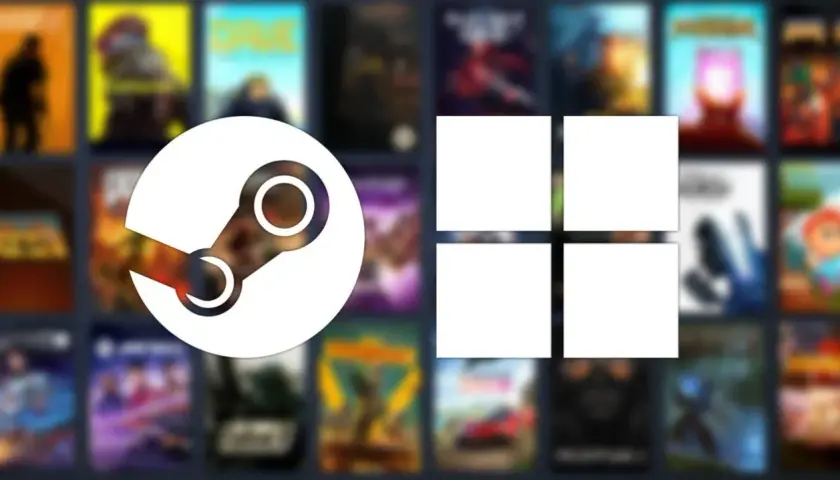 Logo Steam i cztery puste kwadraty na tle okładek gier.