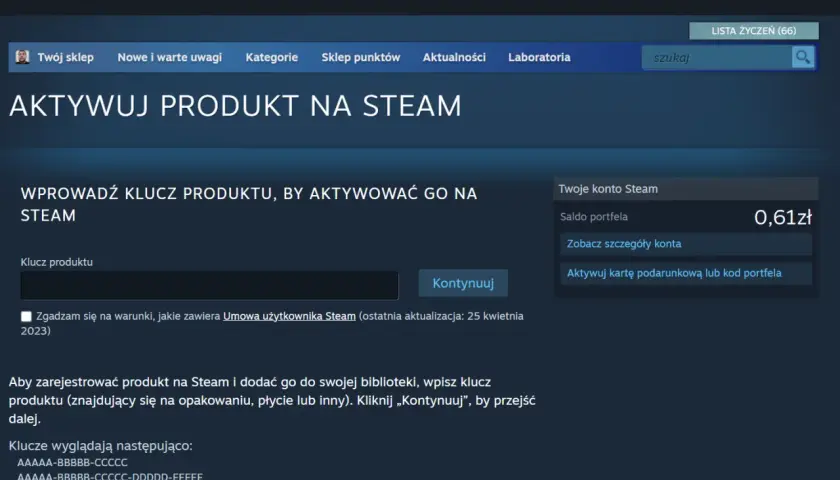 Strona aktywacji produktu na Steam z polem na klucz i przyciskiem "Kontynuuj".
