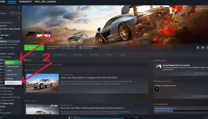 Ekran biblioteki Steam z menu kontekstowym gry "Saints Row 2" otwartym na opcji "Właściwości".