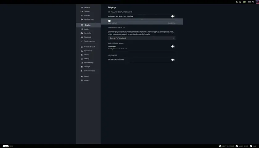 Ustawienia Steam: zakładka Wyświetlanie, opcja Big Picture Mode.