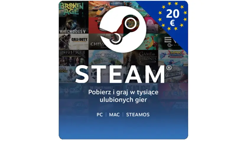 Logo Steam na tle okładki gier, z symbolem 20 euro i flagą UE.