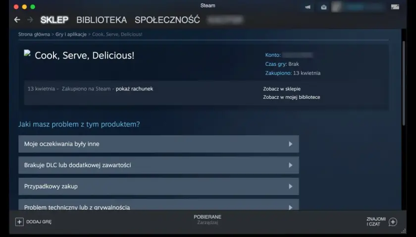 Ekran gry "Cook, Serve, Delicious!" w aplikacji Steam z opcjami zgłaszania problemów.