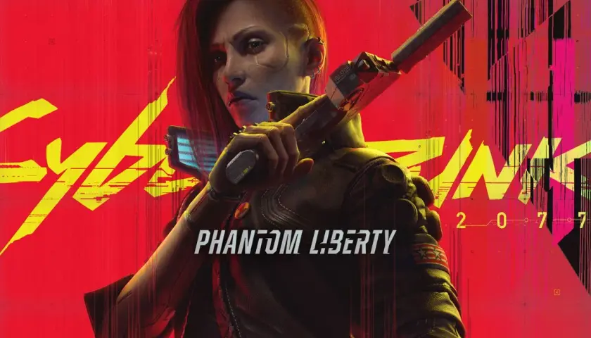 Postapokaliptyczna kobieta z bronią na tle napisu Cyberpunk 2077 Phantom Liberty.