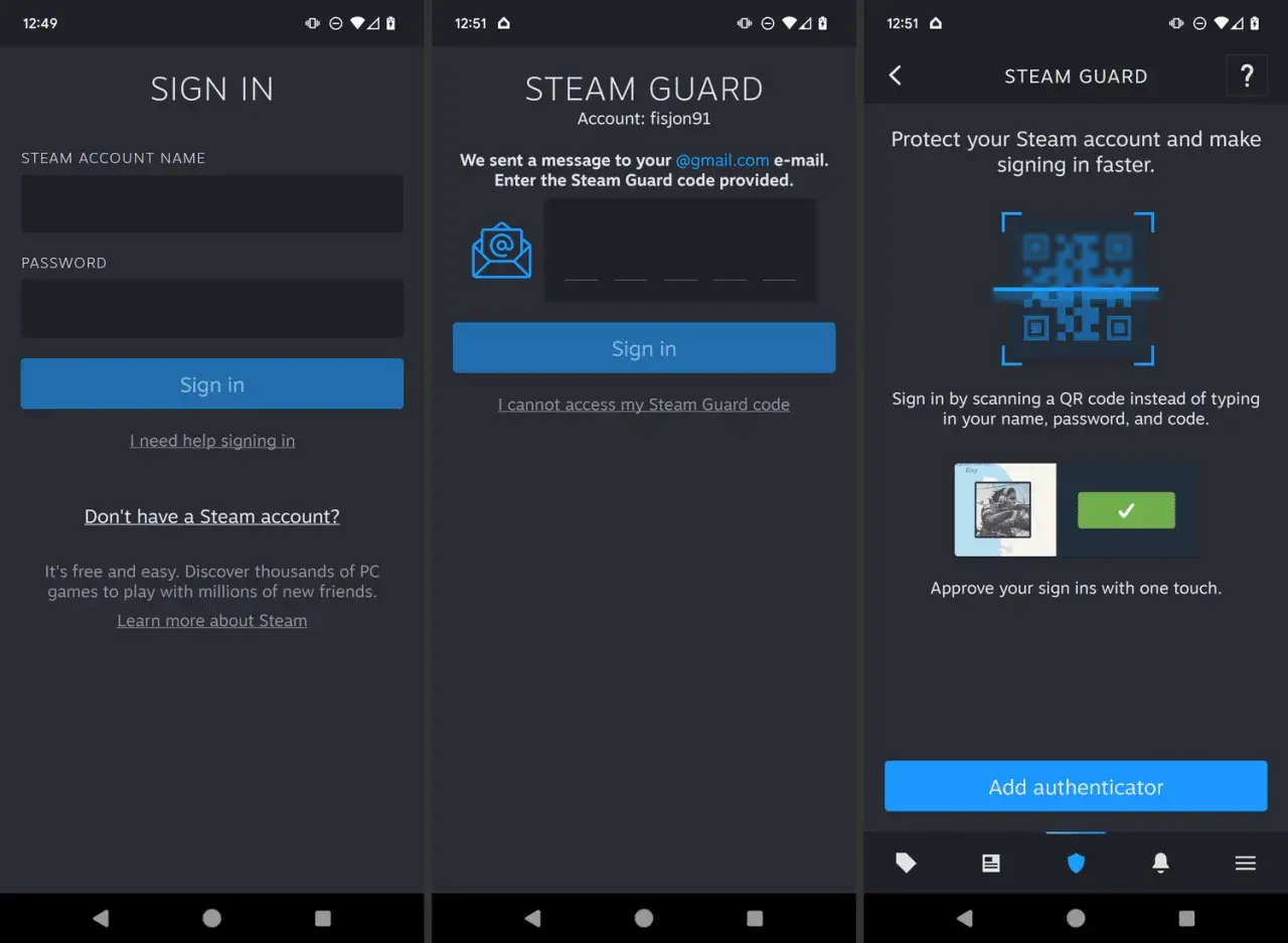 Ekran logowania Steam Guard, wprowadzanie kodu, skanowanie kodu QR i dodawanie uwierzytelniania.