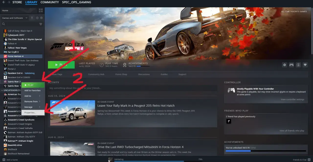 Ekran biblioteki Steam z menu kontekstowym gry "Saints Row 2" otwartym na opcji "Właściwości".