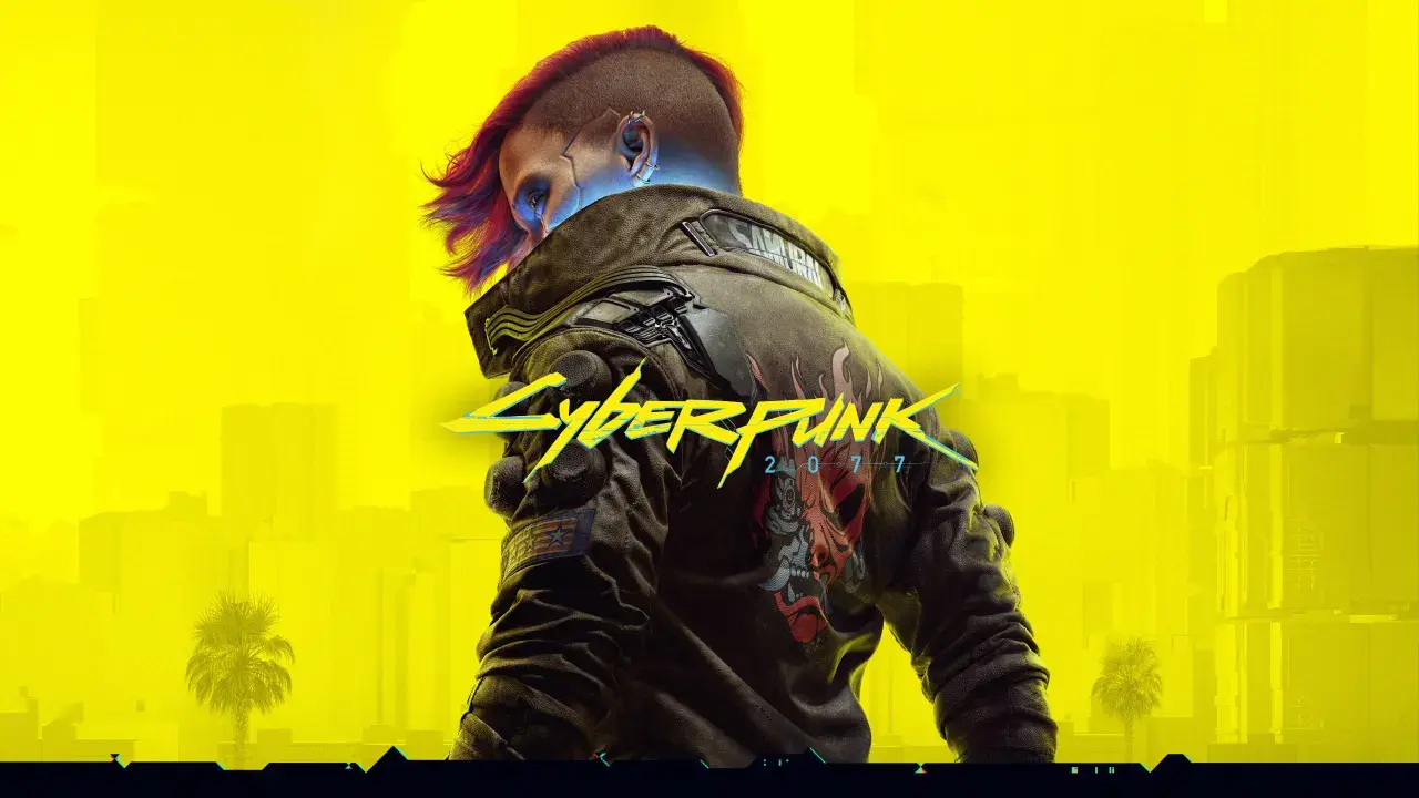 Postać z irokezem i neonowym logo Cyberpunk 2077 na tle żółtego miasta.