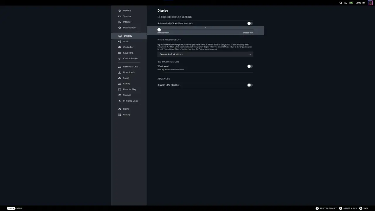 Ustawienia Steam: zakładka Wyświetlanie, opcja Big Picture Mode.
