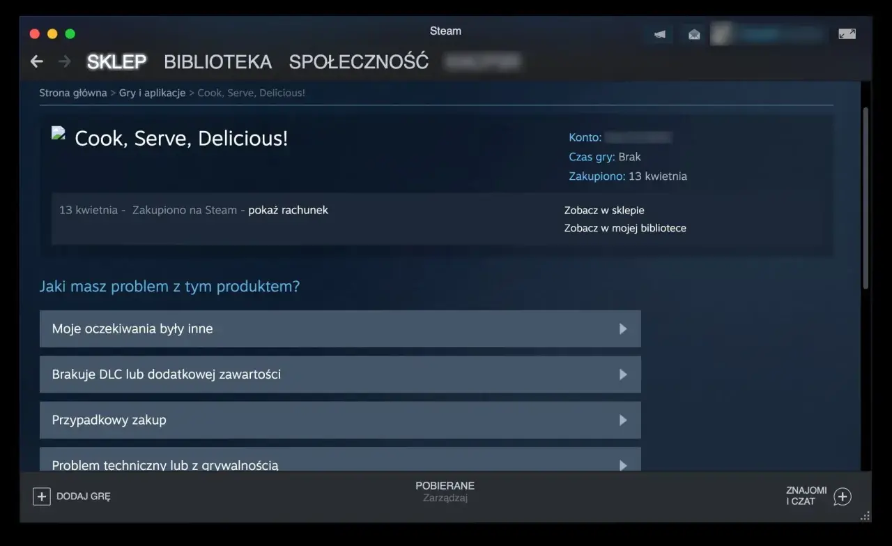 Ekran gry "Cook, Serve, Delicious!" w aplikacji Steam z opcjami zgłaszania problemów.